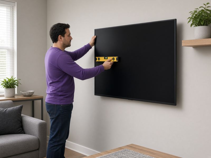 Technician leveling a flat-screen TV mounted on a living room wall